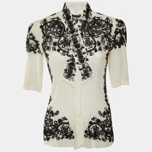 مملوكة مسبقًا Oscar De La Renta White Embroidered Silk Chiffon Shirt M