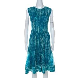 مملوكة مسبقًا Oscar de La Renta Blue Printed Toile Silk Pleated Sleeveless Dress L
