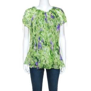 Pre Owned Oscar de la Renta Green Floral Print Chiffon Top L