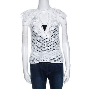 Pre Owned Oscar de la Renta White Eyelet Lace Ruffle Detail Top M