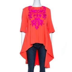 Pre Owned Oscar de la Renta Orange Crepe Floral Applique Detail Tunic XL 