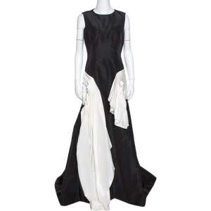 Pre Owned Oscar de la Renta Black Silk Faille Contrast Ruffled Trim Gown L