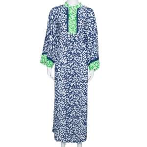 Pre Owned Oscar de la Renta Blue & Green Animal Print Maxi Kaftan Dress XL