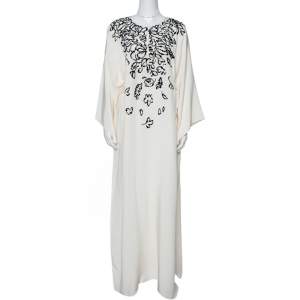 Oscar de la Renta Cream Silk Sequin Embellished Belted Kaftan M