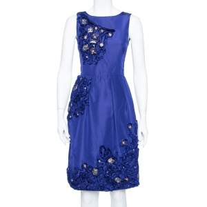 مملوكة مسبقًا Oscar de la Renta Royal Blue Embellished Silk Sleeveless Sheath Dress XS 