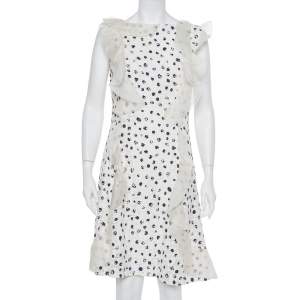 Oscar de la Renta White Painted Effect Lace Ruffle Detail Short Dress M