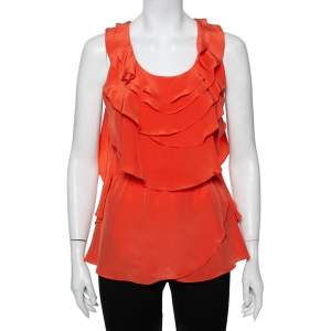 Oscar de la Renta Orange Ruffled Silk Sleeveless Top S