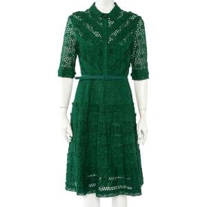 Oscar de la Renta Green Eyelet Lace Belted Midi Dress L
