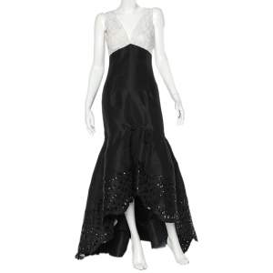 Oscar de la Renta Monochrome Lace & Synthetic Paneled Asymmetric Hem Gown S