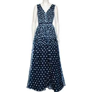 Oscar de la Renta Navy Blue Floral Applique Silk Belted Gown M
