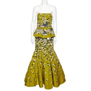 Oscar de la Renta Olive Green Embellished Silk Belt Detail Strapless Gown L