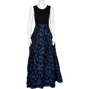 Oscar de la Renta Black Knit & Floral Jacquard Paneled Sleeveless Gown S