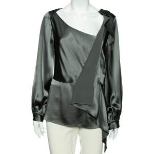 Pre Owned Oscar de la Renta Dark Green Satin Draped Top L