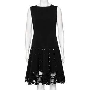Pre Owned Oscar de la Renta Black Neoprene  Laser Cut Patterned Dress L 