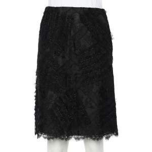 Oscar De La Renta Black Lace & Tulle Embellished Pencil Skirt S