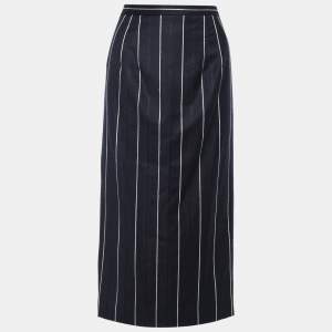 Oscar de la Renta Navy Blue & White Striped Midi Skirt S