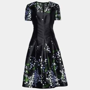 Pre Owned Oscar de la Renta Black Silk Floral Jacquard Flared Dress XL
