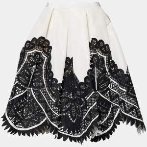 Oscar de la Renta Monochrome Silk Lace Applique Pleated Skirt M