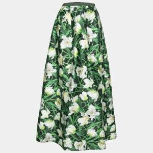Oscar de la Renta Green Floral Printed Silk & Wool Maxi Skirt M