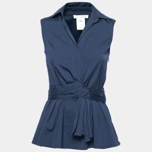 Pre Owned Oscar de la Renta Navy Blue Cotton Pleated Sleeveless Top XS