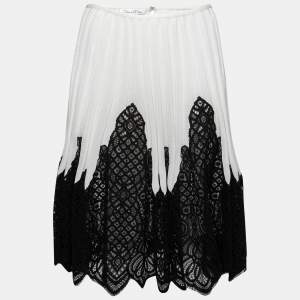 Oscar de la Renta Ivory Silk Lace Applique Pleated Skirt L