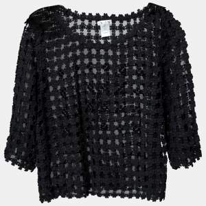 Pre Owned Oscar de la Renta Black Floral Guipure Lace Silk Top XL