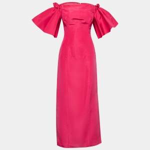 Oscar de la Renta Pink Silk Off-Shoulder Flutter Sleeve Long Dress M
