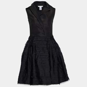Oscar de la Renta Black Silk Tiered Sleeveless Dress M