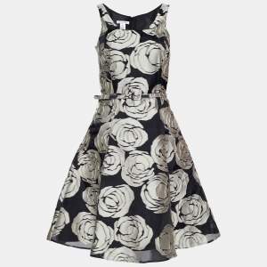 Oscar de la Renta Black Floral Jacquard Silk Belted Midi Dress M