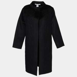 Oscar de La Renta Black Embroidered Wool & Angora Mid Length Coat M