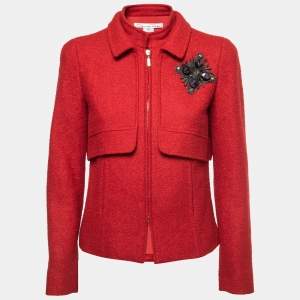 Pre Owned Oscar de la Renta Red Wool & Llama Amethyst Brooch Zip-Up Jacket S