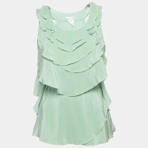 Pre Owned Oscar de la Renta White/Green Striped Silk Ruffled Sleeveless Top M