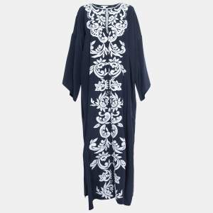 Oscar de la Renta Navy Blue Embroidered Silk Abhaya L
