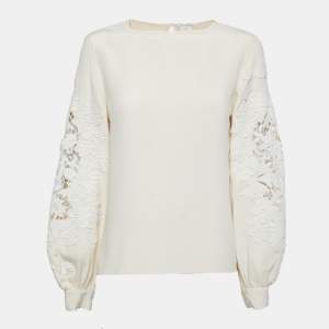 Pre Owned Oscar de la Renta Cream Crepe Lace Trimmed Long Sleeve Blouse M
