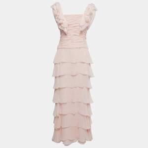 Oscar de la Renta Light Pink Silk Ruched Corset Detail Sleeveless Tiered Gown M