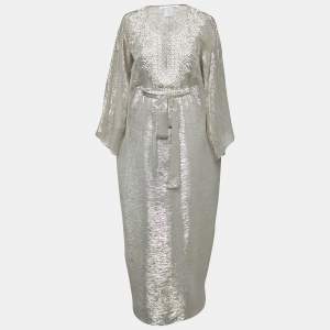 Oscar de la Renta Metallic Silk Beaded Belted Kaftan Maxi Dress S