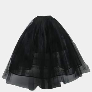Oscar de la Renta Black Logo Embroidered Tulle Flared Maxi Skirt S