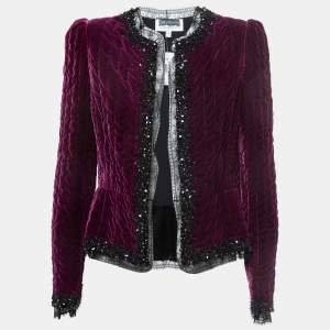 Oscar de la Renta Purple Embellished Velvet Lace Trimmed Open Front Jacket M