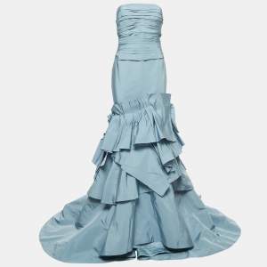 Oscar de la Renta Light Blue Silk Pleated Ruffle Strapless Gown M
