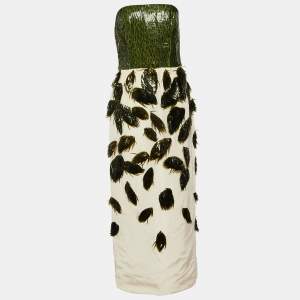 Oscar de la Renta Cream Silk Green Leaf Embellished Strapless Gown M