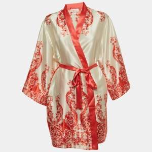 Oscar de la Renta Pink Label Cream/Orange Print Satin Belted Coat L