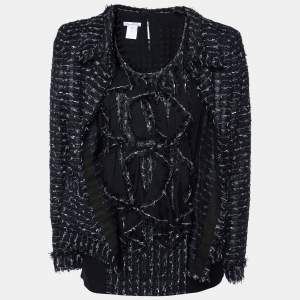 Pre Owned Oscar de la Renta Black Tweed Ruffled Blouse & Jacket Set L