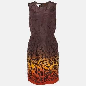Oscar de la Renta Brown Embroidered Silk Knee-Length Dress L