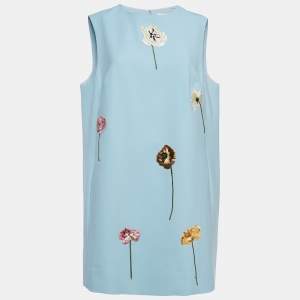 Pre Owned Oscar de la Renta Blue Floral Applique Wool Shift Dress XL