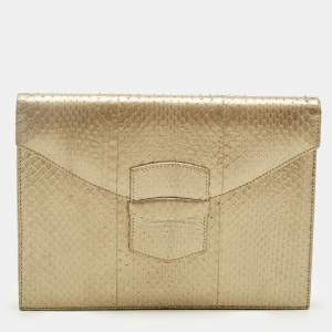 Pre Owned Oscar De La Renta Gold Watersnake Leather Small Grafton Clutch