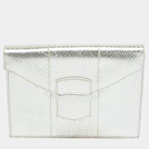 مملوكة مسبقًا Oscar de la Renta Silver Snakeskin Embossed Leather Flap Clutch