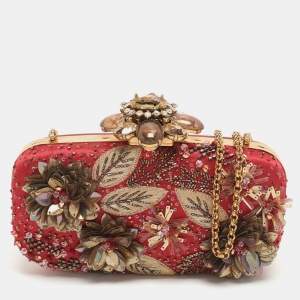 Pre Owned Oscar de la Renta Metal Frame Embellished Red Satin Clutch