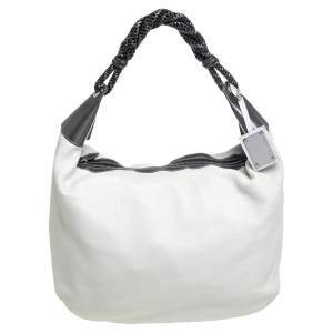 Pre Owned Oscar de la Renta Off White Leather Zipped Hobo