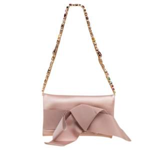 Oscar de la Renta Beige Satin Bow Flap Crystal Embellished Strap Clutch 