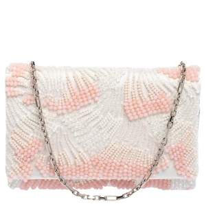 Oscar de la Renta White Satin Beaded Clutch